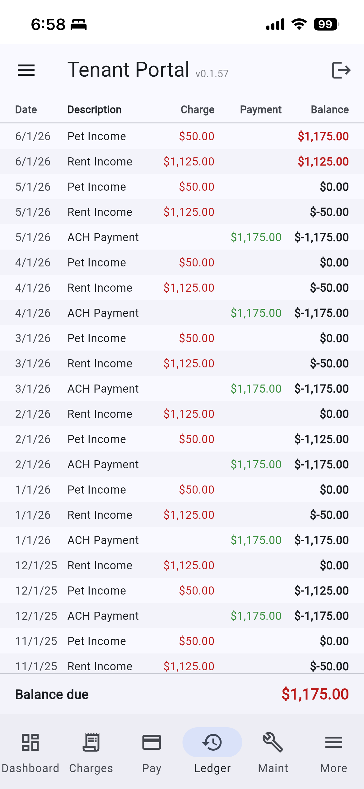 Tenant payment ledger